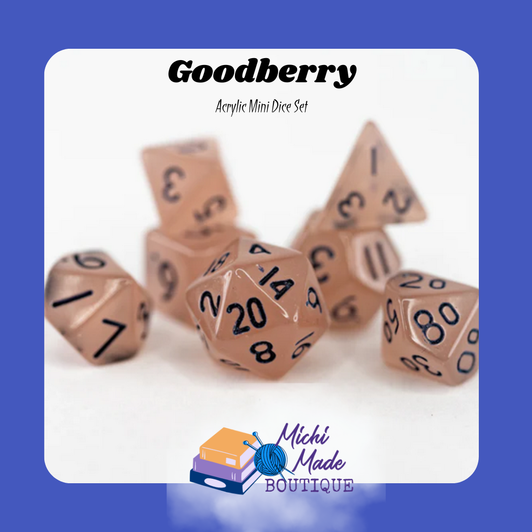 Goodberry — Pale tan glow mini dice with black numbers, subtle magic.