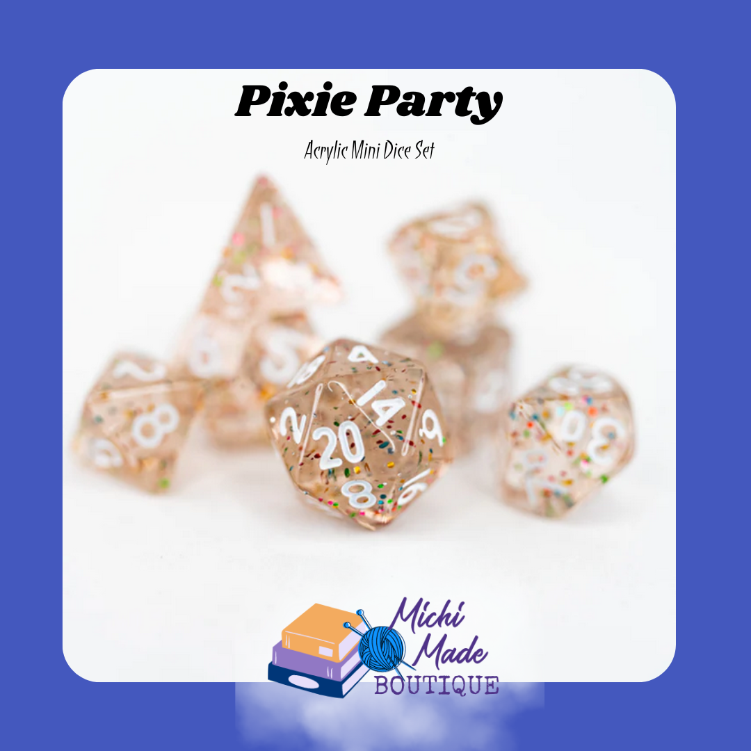 Pixie Party — Clear glitter mini dice with white numbers, festive sparkle.