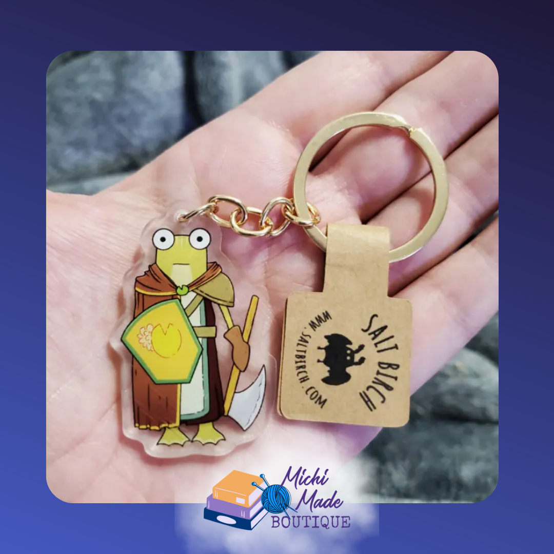 Warrior cleric tank frog keychain with axe and yellow shield.