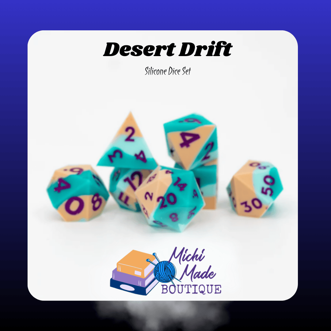Desert Drift — Teal and sand silicone RPG dice with plum numbers, seven-piece set on white background.