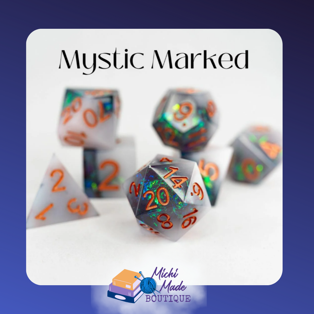 Mystic Marked — Smoky grey resin dice with green opal flakes and copper numbering on a white background.