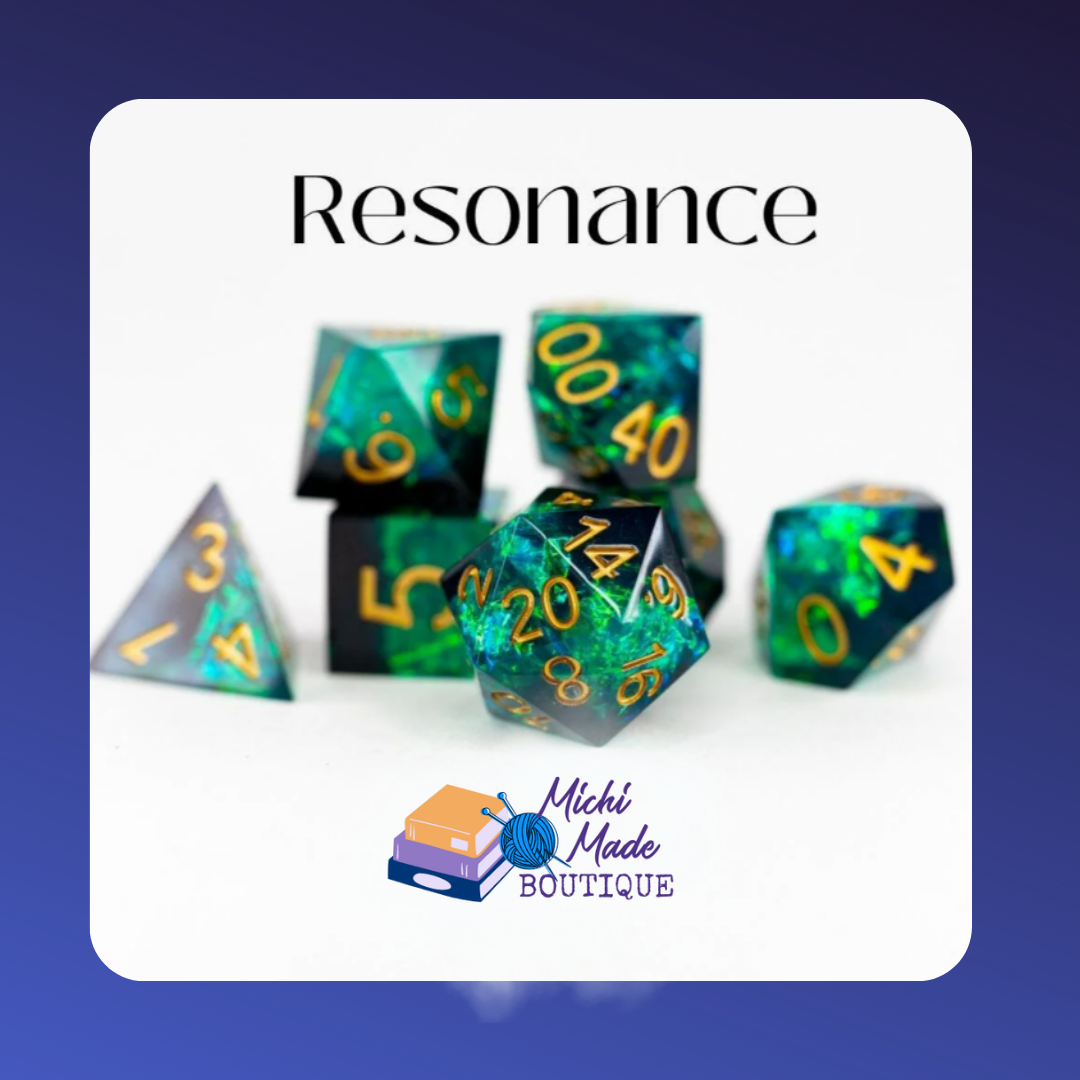 Resonance — Dark teal resin dice with green opal shimmer and gold numbering on a white background.