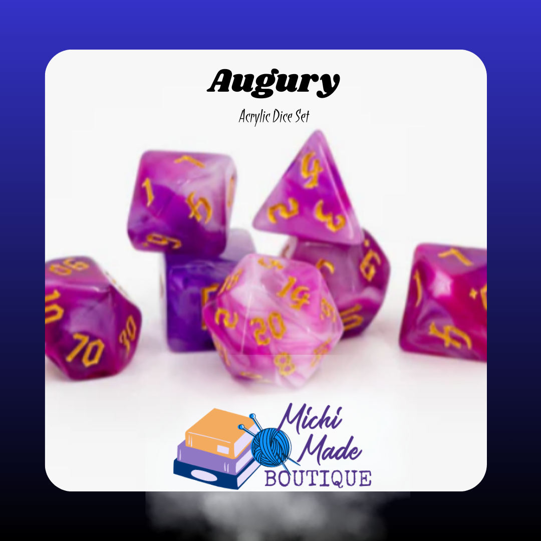 Augury: “Magenta-and-violet marbled acrylic dice set with gold numerals.”