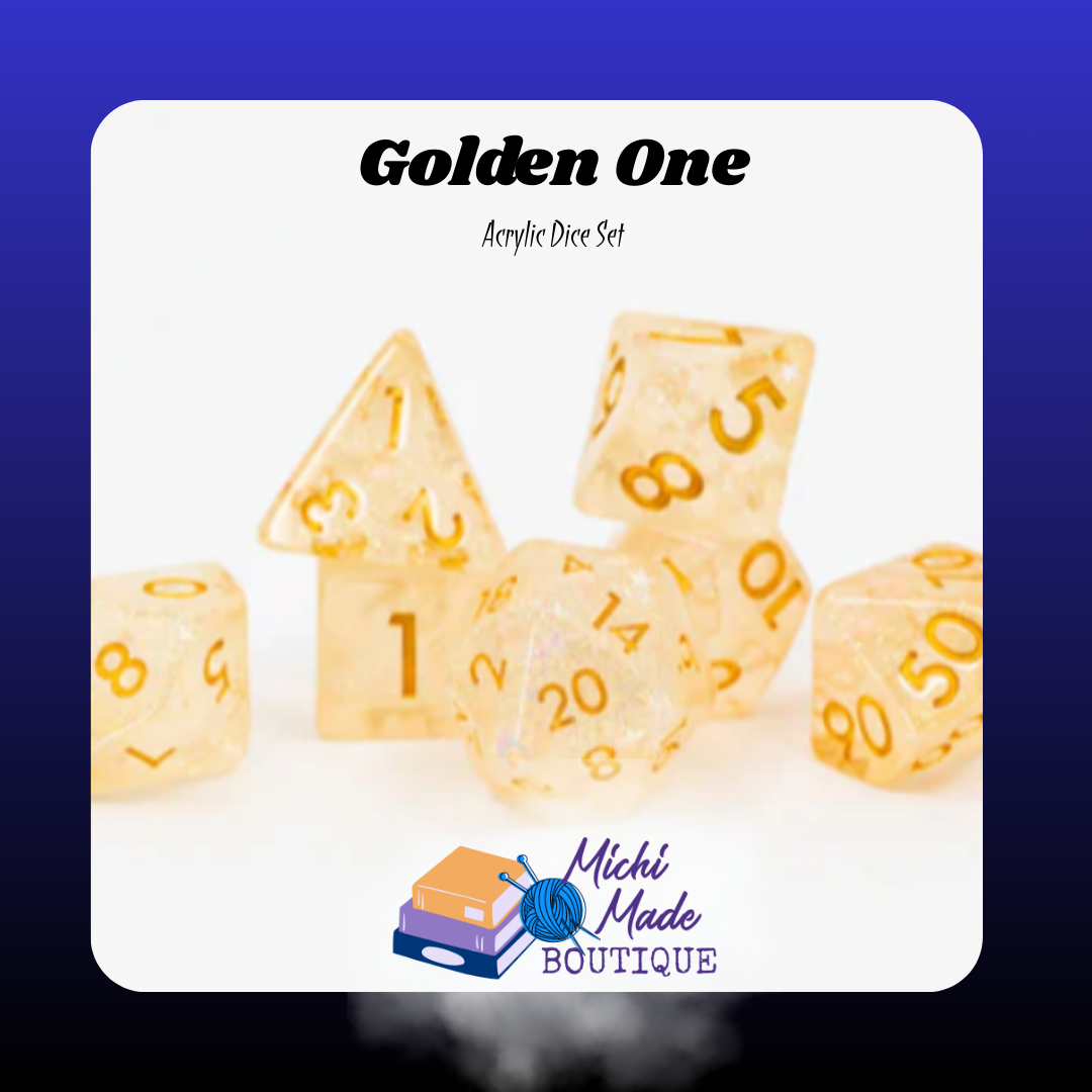 Golden One: “Pale champagne-gold sparkly acrylic dice with matching gold numerals.”