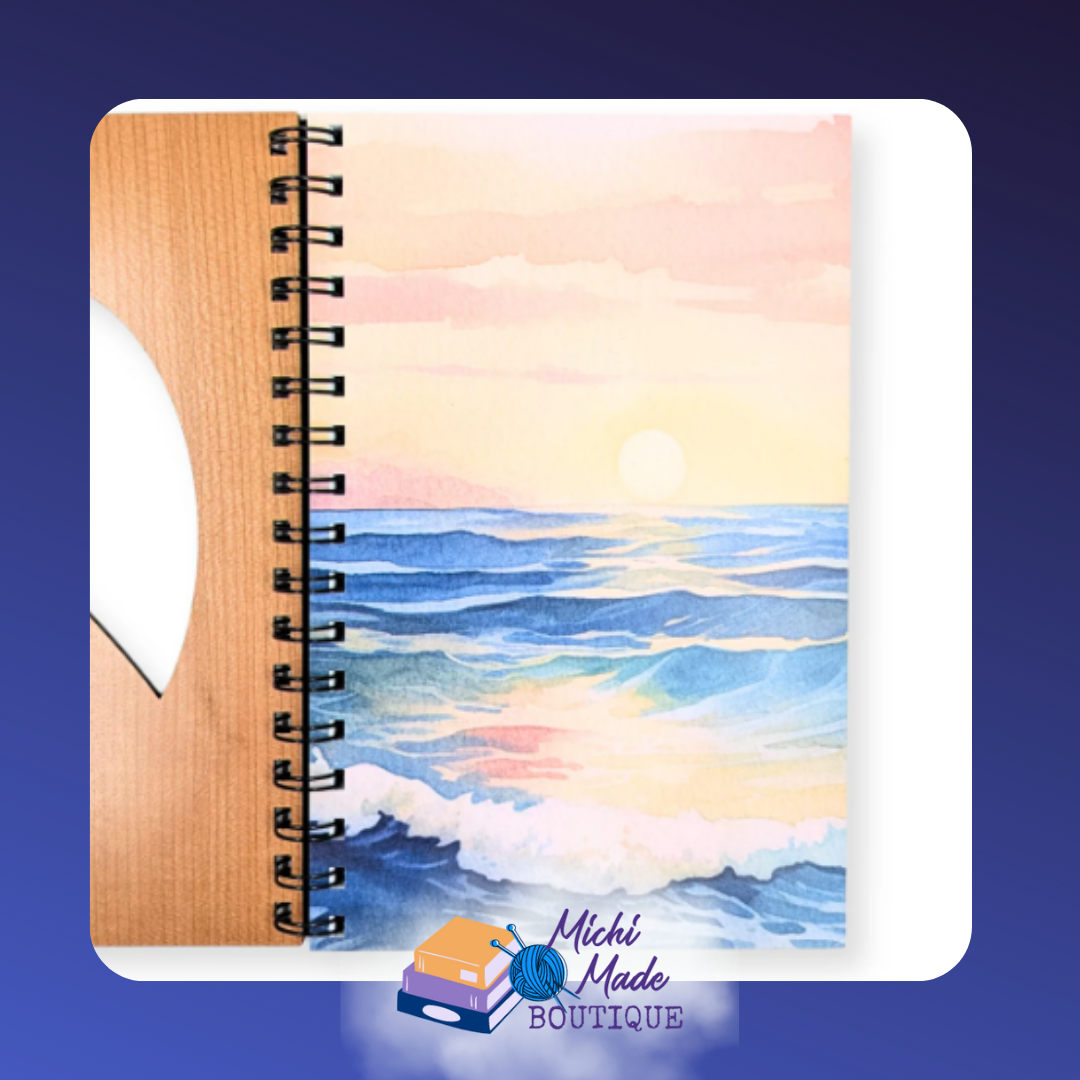 Inside cover of kayaking journal showing full watercolor-style ocean and sunset artwork.