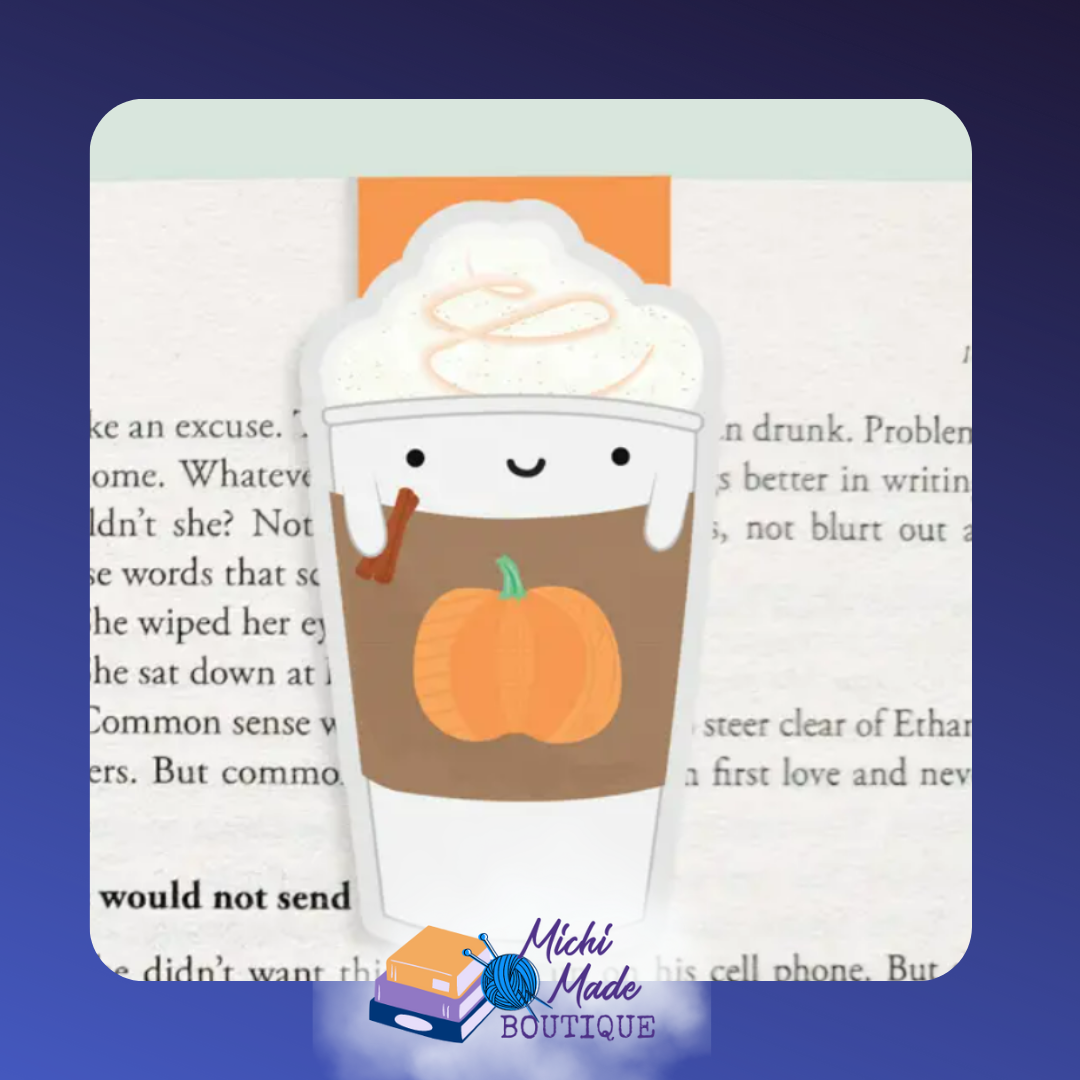 Smiling pumpkin spice latte bookmark with whipped cream and cinnamon stick coziness.