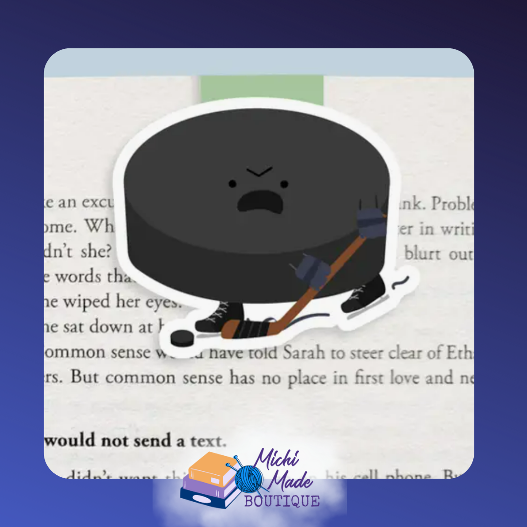 Fierce hockey puck bookmark with stick and skates, ready to slapshot your reading goal.