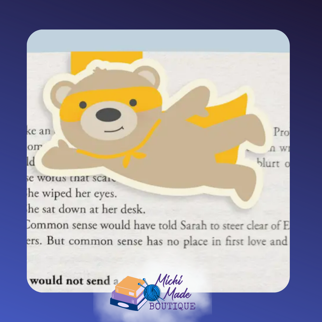 Brave superhero bear bookmark in a yellow mask and cape, soaring to save your spot.