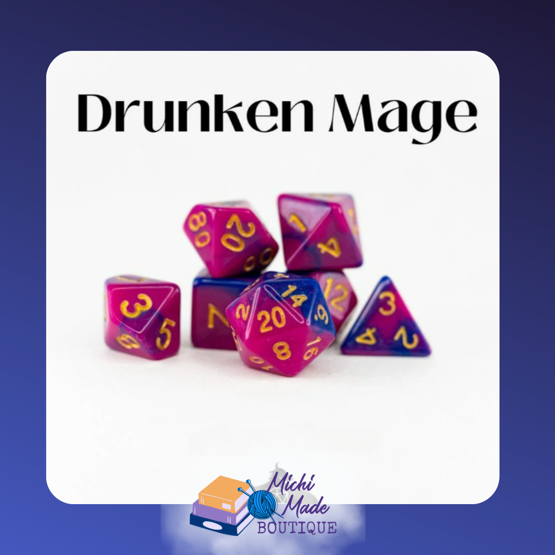 Drunken Mage: “Vivid magenta and blue acrylic dice with gold numerals.”