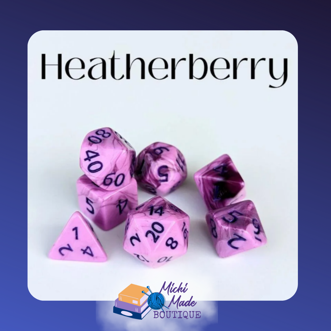 Heatherberry: “Soft heather-lavender marbled acrylic dice with deep violet numerals.”