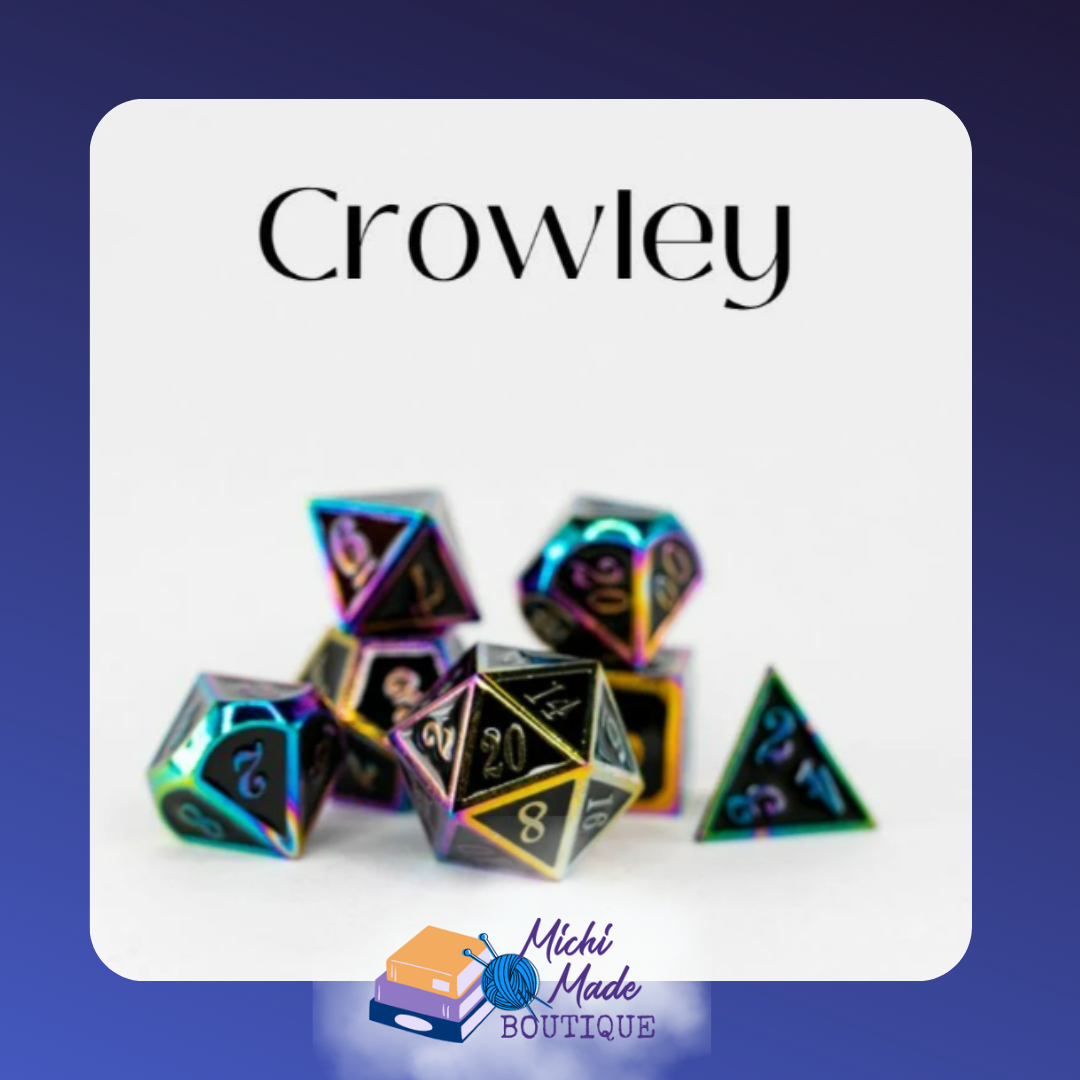 Crowley – Iridescent rainbow 7-piece RPG dice set with black faces, glowing with chaotic, arcane mischief.