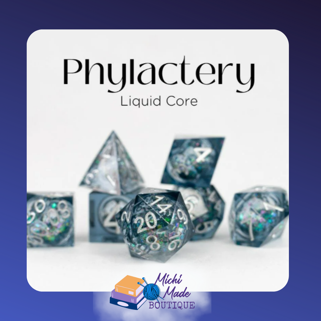 • Phylactery: Smoky gray liquid-core dice with silver numbers and multicolor shimmer suspended in the centers.