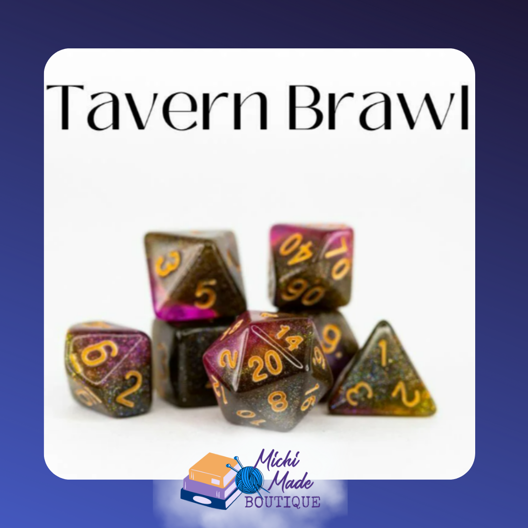 Tavern Brawl: “Smoky brown acrylic dice with magenta and amber highlights; gold numerals.”