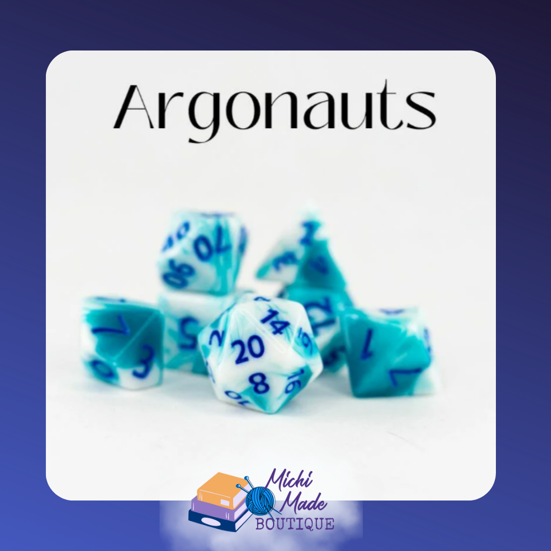 Argonauts: “7-piece acrylic RPG dice set marbled aqua and white with cobalt-blue numerals.”