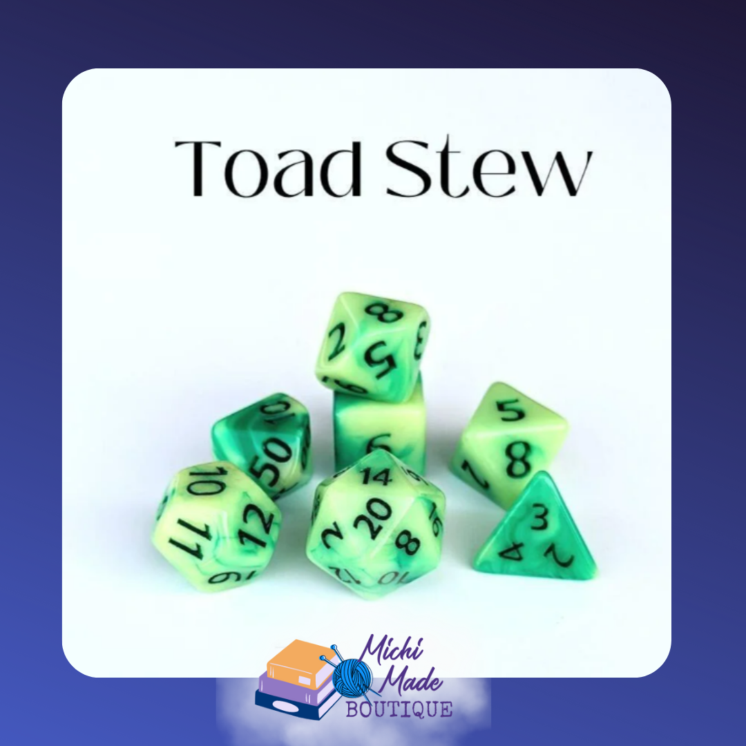 Toad Stew: “Mint-and-lime marbled acrylic dice with black numerals."