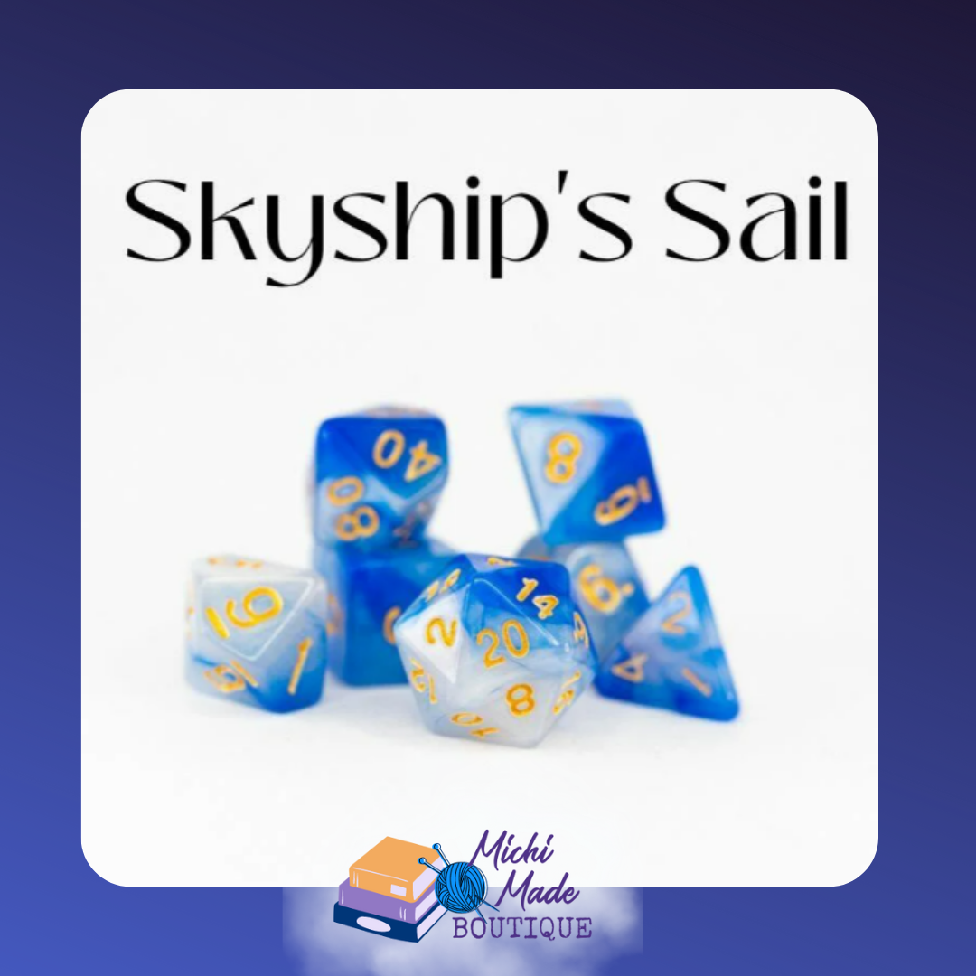 Skyship’s Sail: “Cloudy-white and sky-blue marbled acrylic dice with gold numerals.”