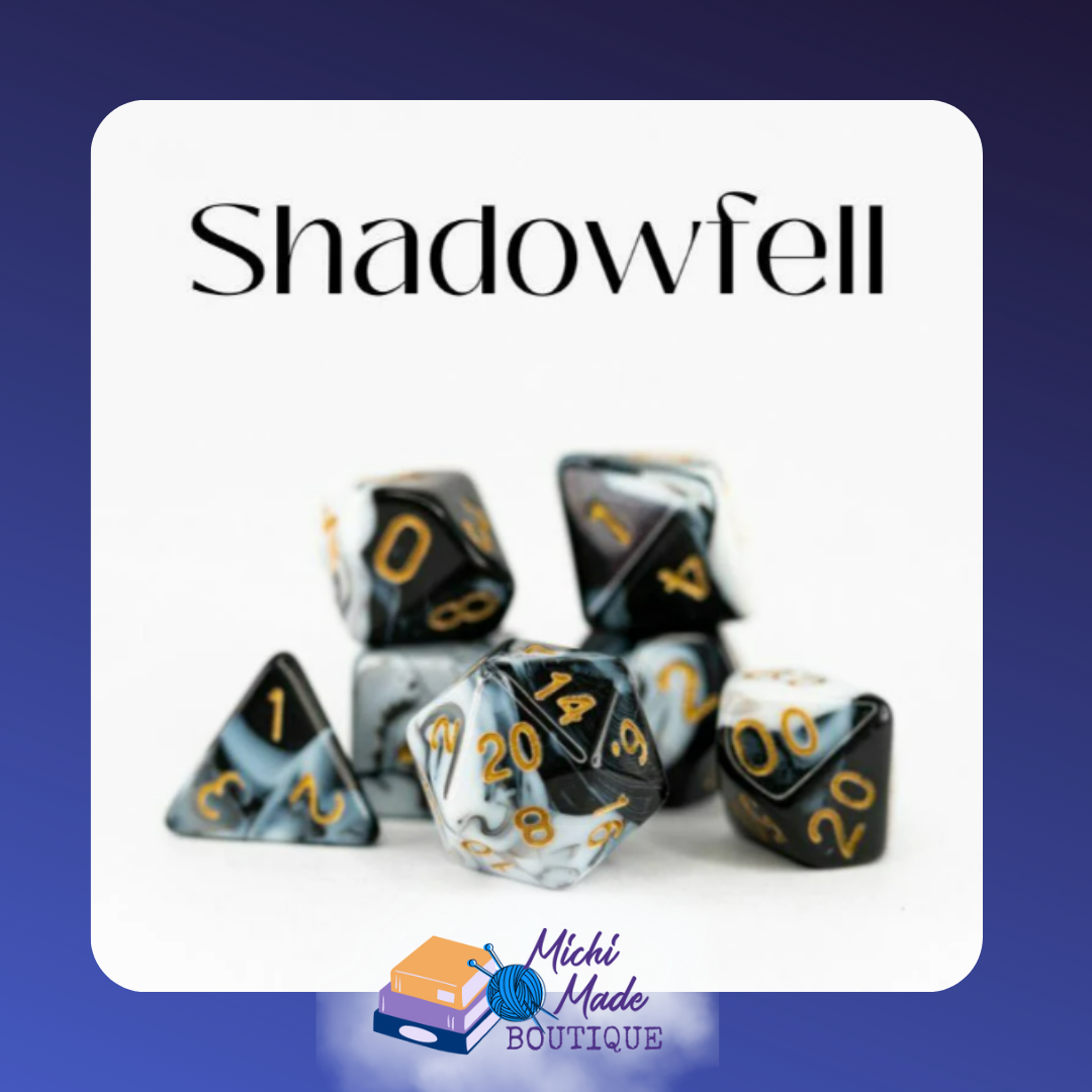 Shadowfell: “Black and white marbled acrylic dice with gold numerals.”