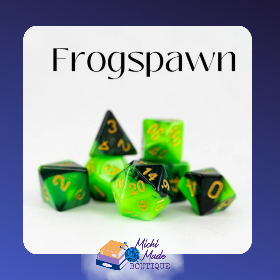 Frogspawn: “Slime-green acrylic dice with black caps and gold numerals.”