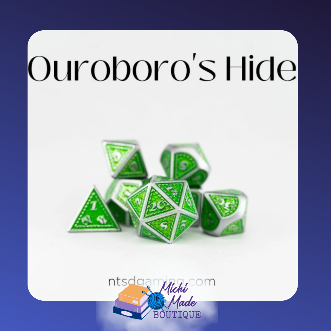 Ouroboro’s Hide – Sleek silver and green serpent-scale dice, coiled in fate’s embrace.