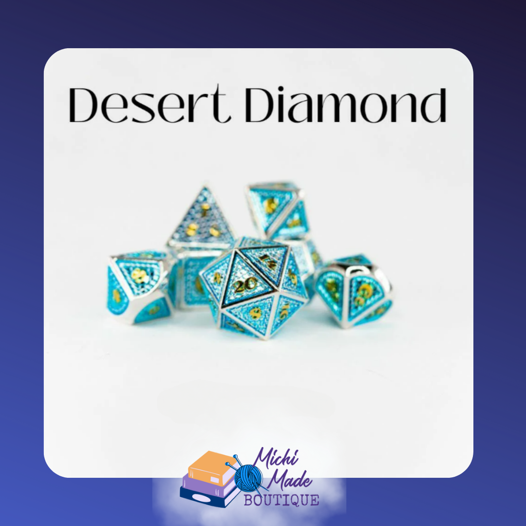 Desert Diamond – Bright turquoise and gold dice gleaming like a desert treasure hoard.