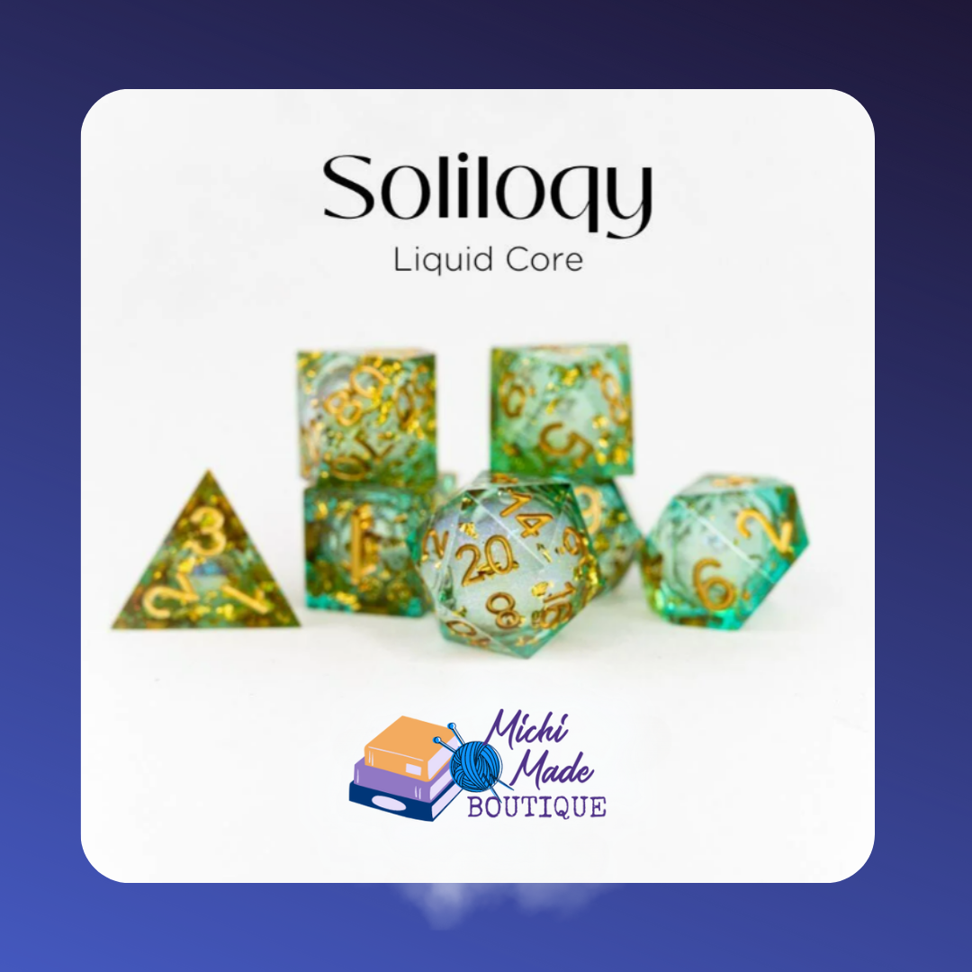 • Soliloqy: Green-gold liquid-core dice with gold numbers and bright golden flecks in the cores.
