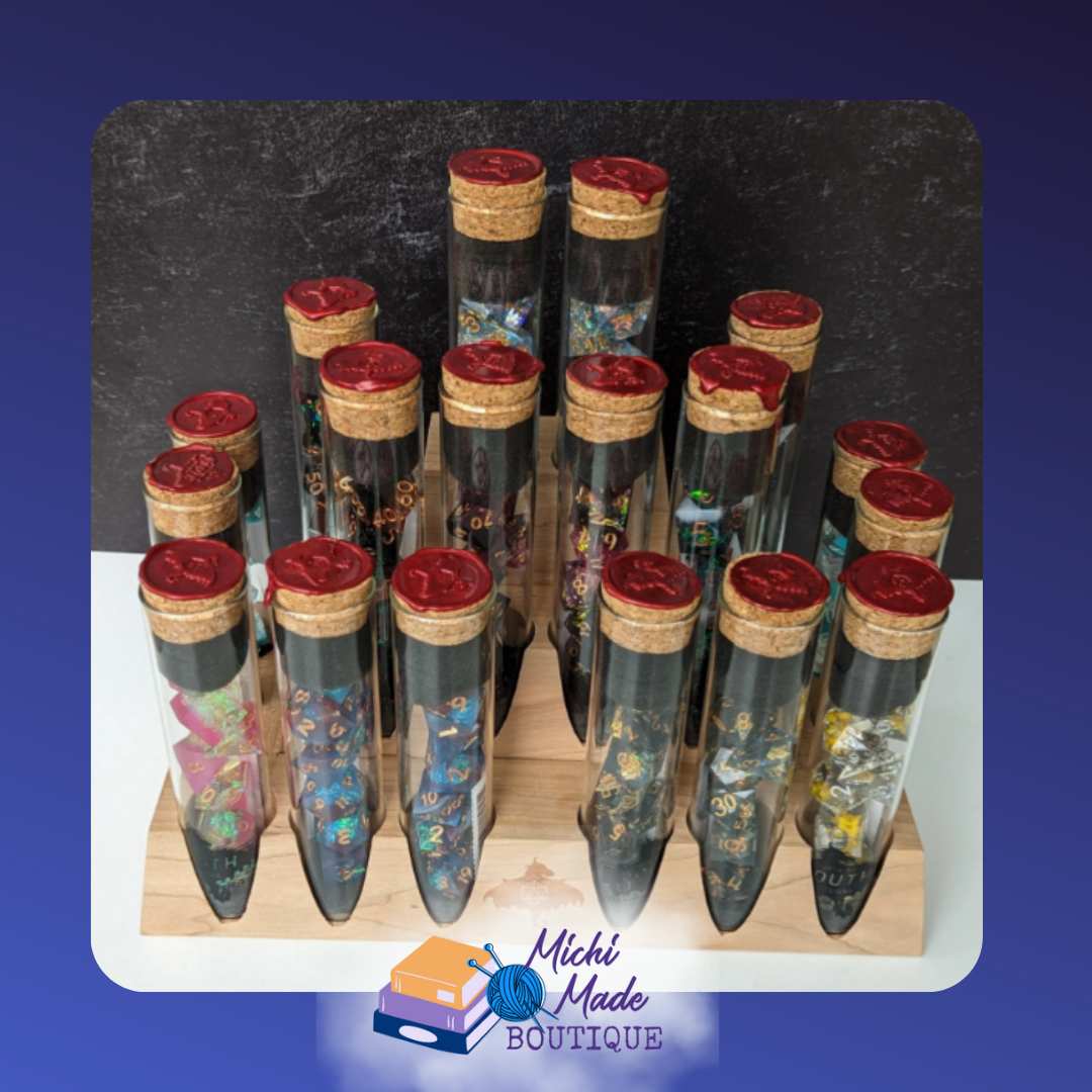 Glass vials of assorted liquid-core dice on a tiered wooden stand, each vial corked and sealed with red wax.