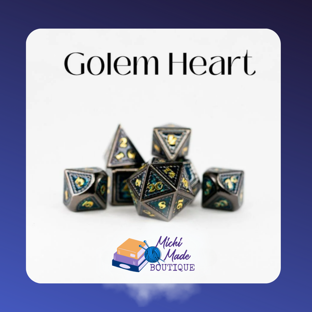 Golem Heart – Dark stone-like dice flecked with gold and teal, heavy with ancient magic.