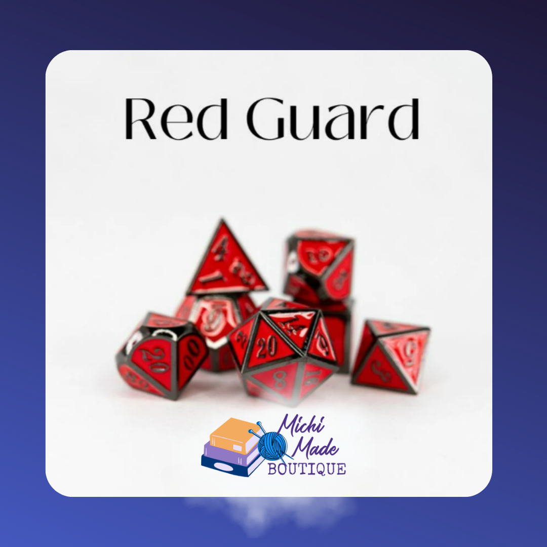 Red Guard – Black and red 7-piece RPG dice set with sharp contrast, striking like a banner in battle.