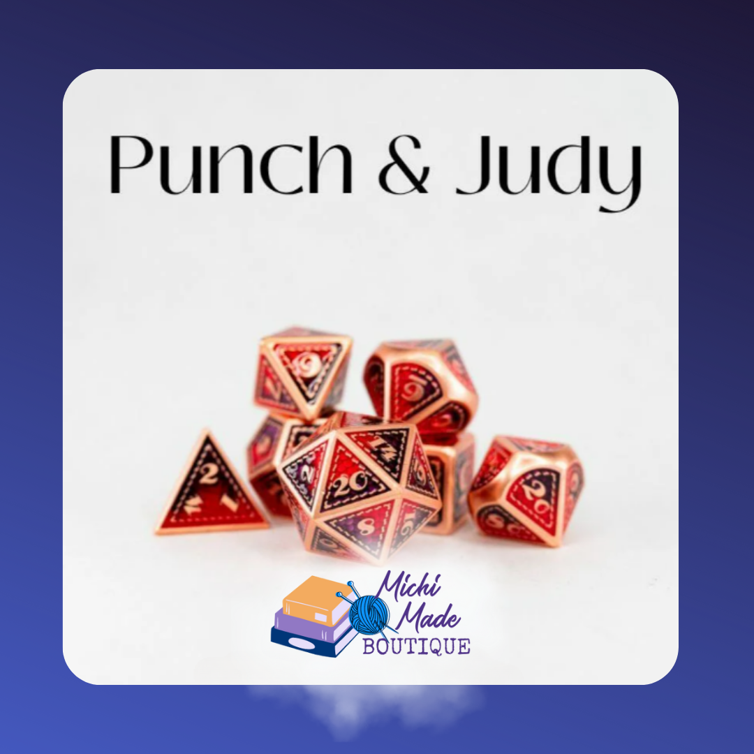 Punch & Judy – Copper-red dice brimming with theatrical chaos and playful trickery.