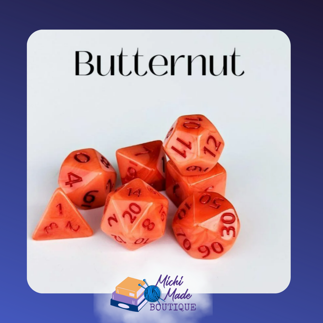 Butternut: “Orange acrylic polyhedral dice with red numerals.”