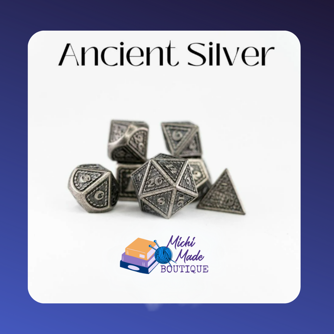 Ancient Silver – Weathered silver 7-piece metal dice set with ornate engravings, like treasure from a forgotten tomb.