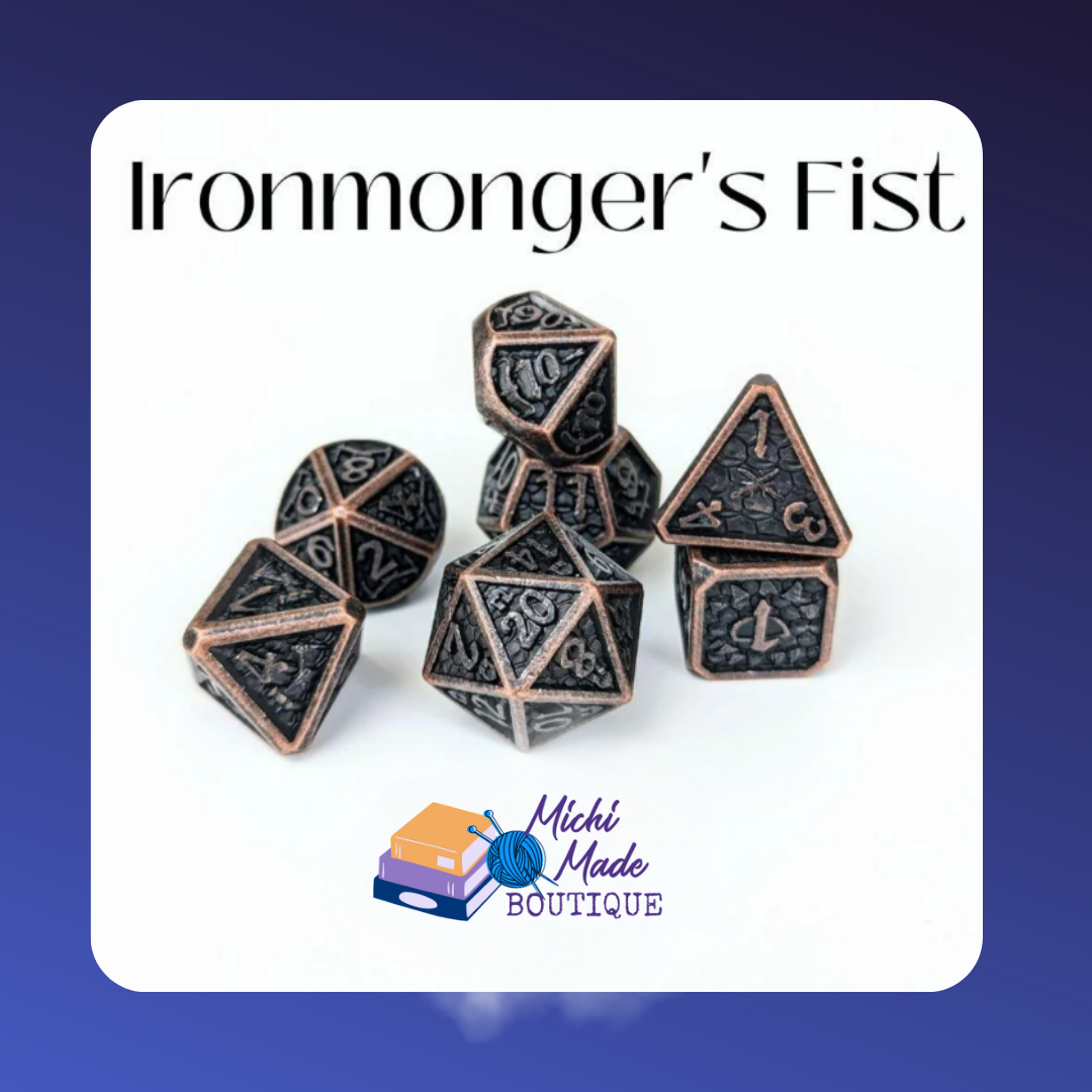 Ironmonger’s Fist – Black and bronze 7-piece dice set with rugged texture, perfect for a steampunk adventurer.