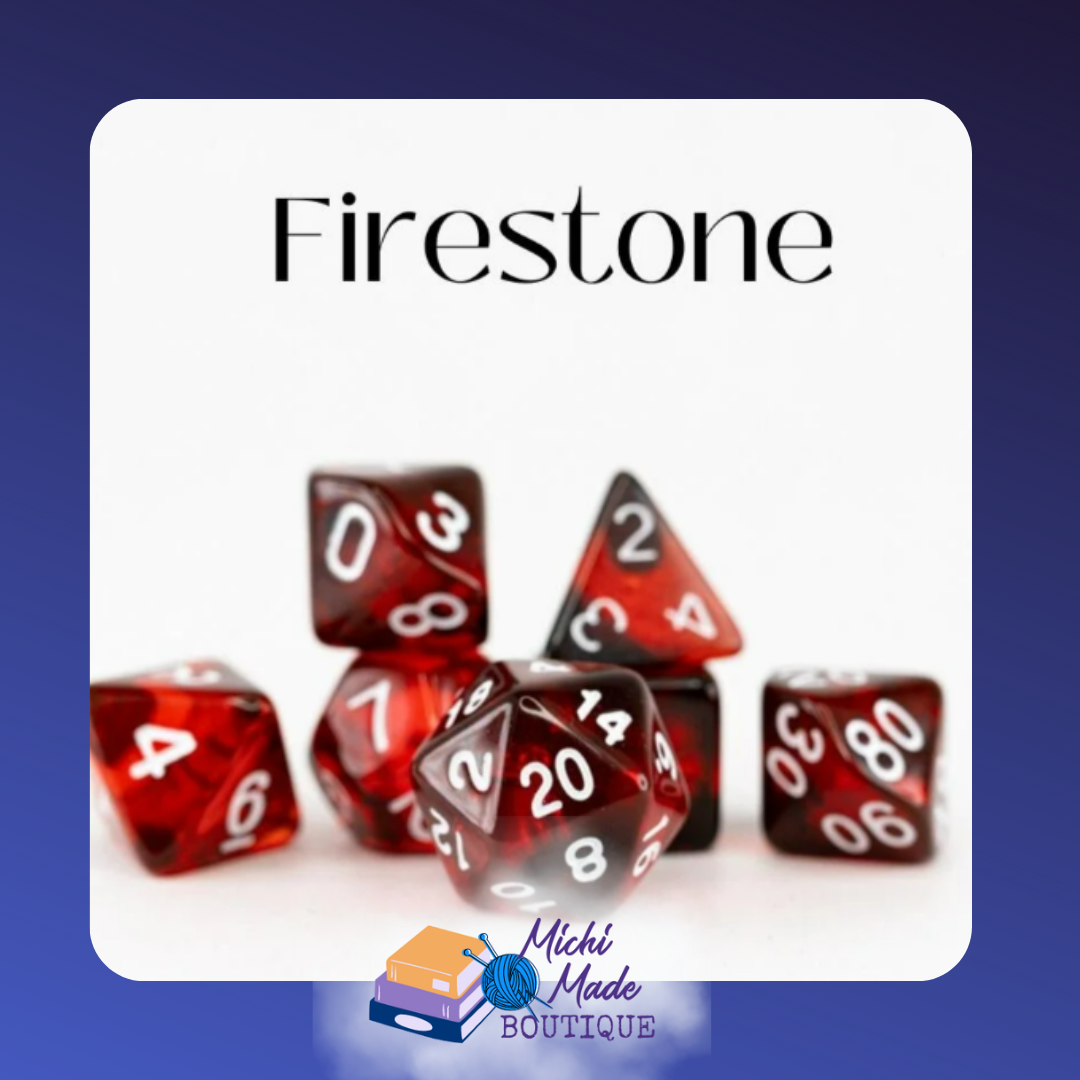 Firestone: “Dark ruby-red translucent acrylic dice with white numerals.”