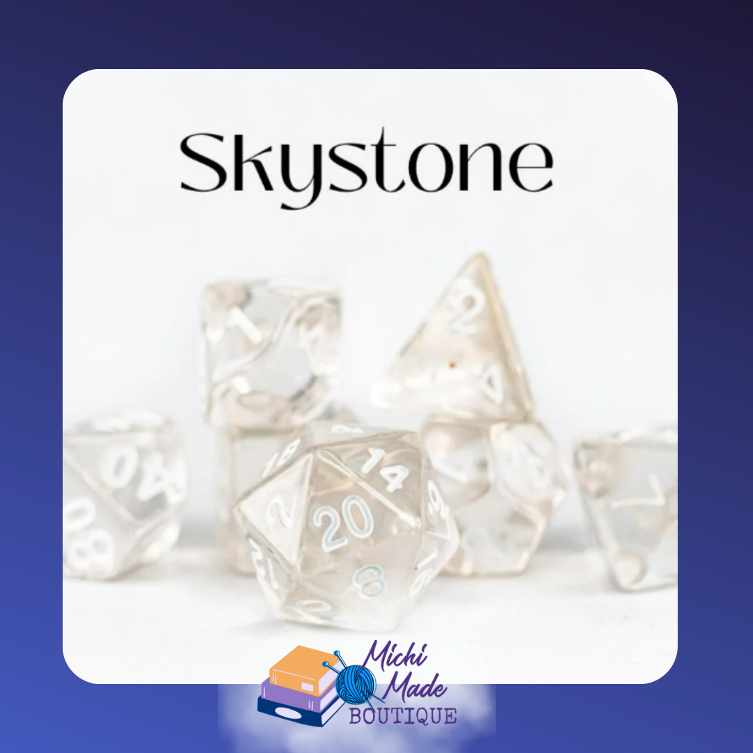 Skystone: “Clear to mist-white translucent acrylic dice with white numerals.”