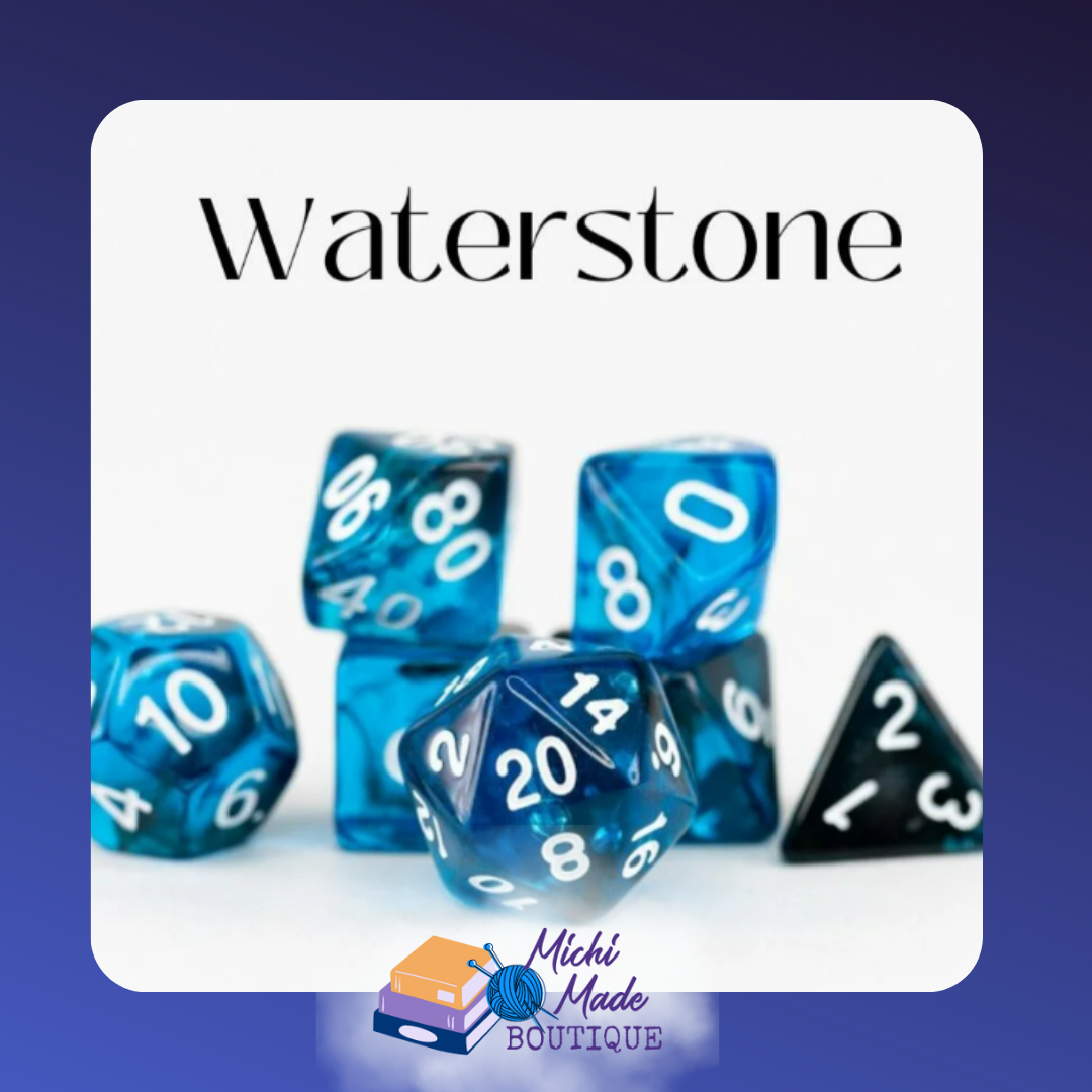 Waterstone: “Deep ocean-blue translucent acrylic dice with white numerals.”
