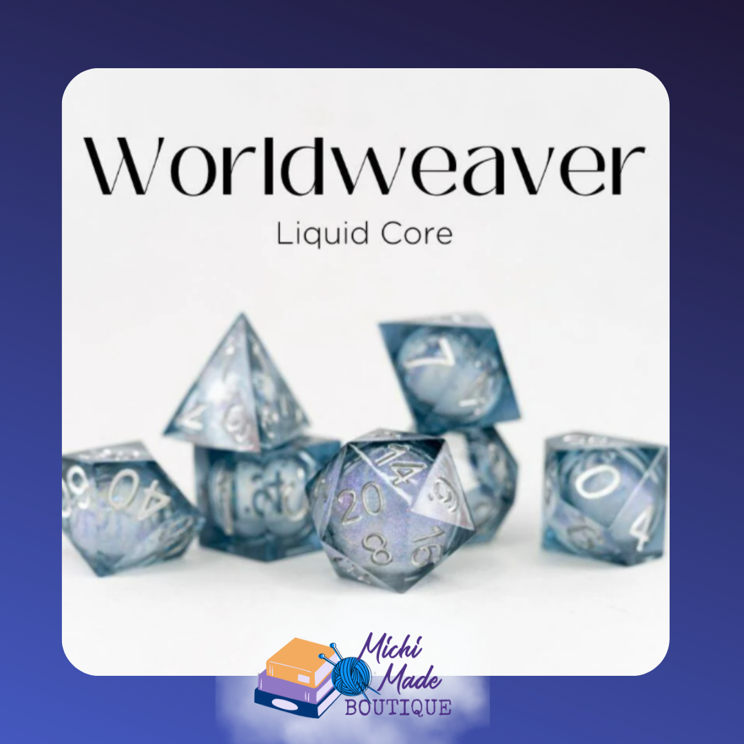 • Worldweaver: Soft blue-gray liquid-core dice with silver numbers and pearly blue cores.