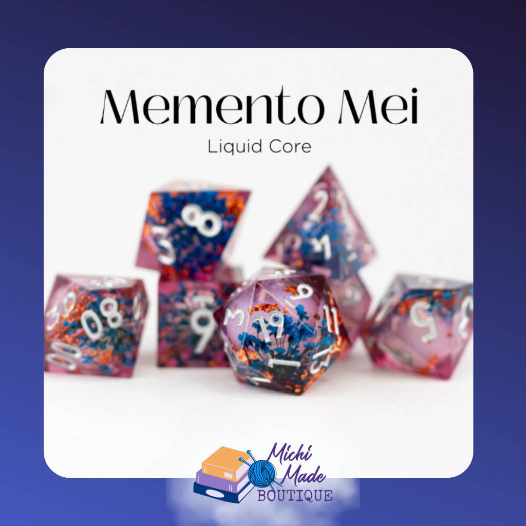 • Memento Mei: Mauve liquid-core dice with white numbers and blue-orange floral flakes swirling inside.