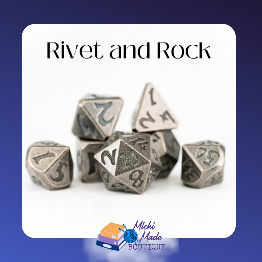 Rivet and Rock – Weathered silver metal dice with bold black numbers, rugged and industrial.