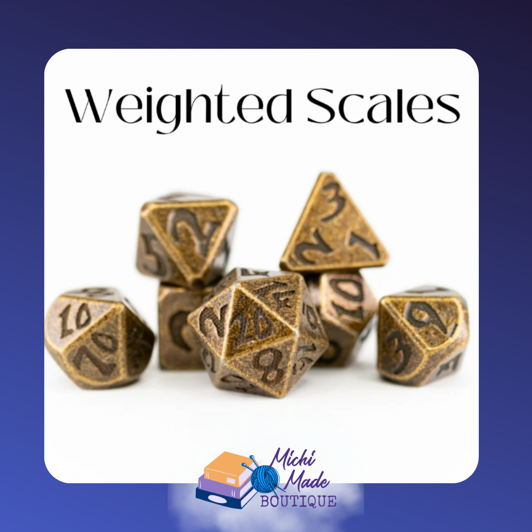 Weighted Scales – Antiqued bronze metal dice with dark etched numbers, classic and balanced.
