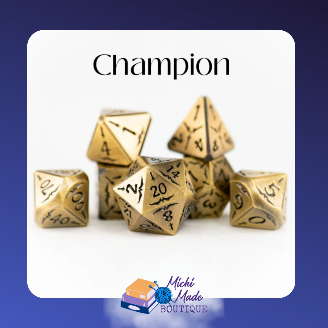 Champion – Burnished gold 7-piece metal dice set with black markings, radiating heroic energy and epic destiny.