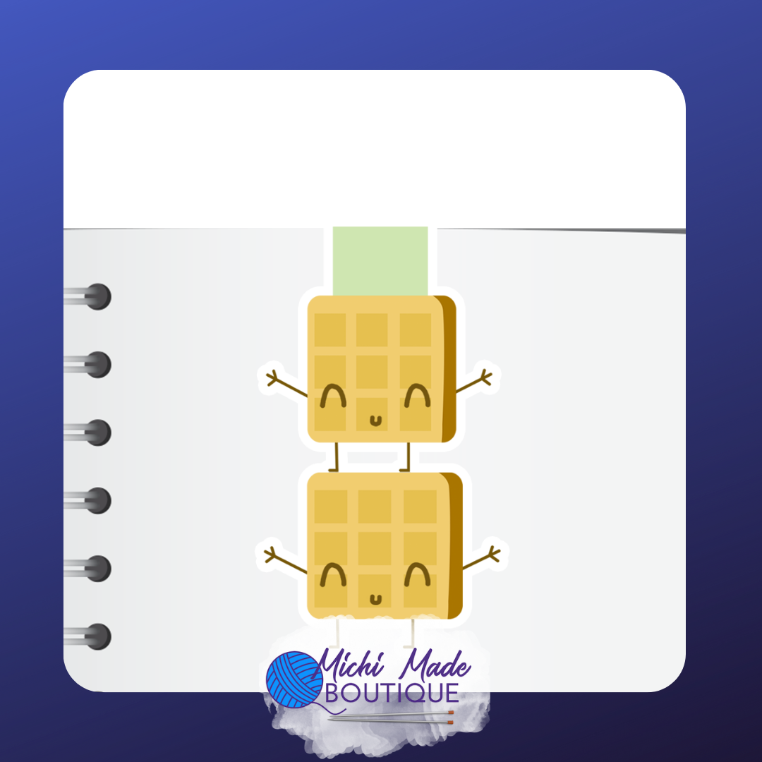 Two cheerful square waffles stacked vertically with little arms waving from a notebook page.