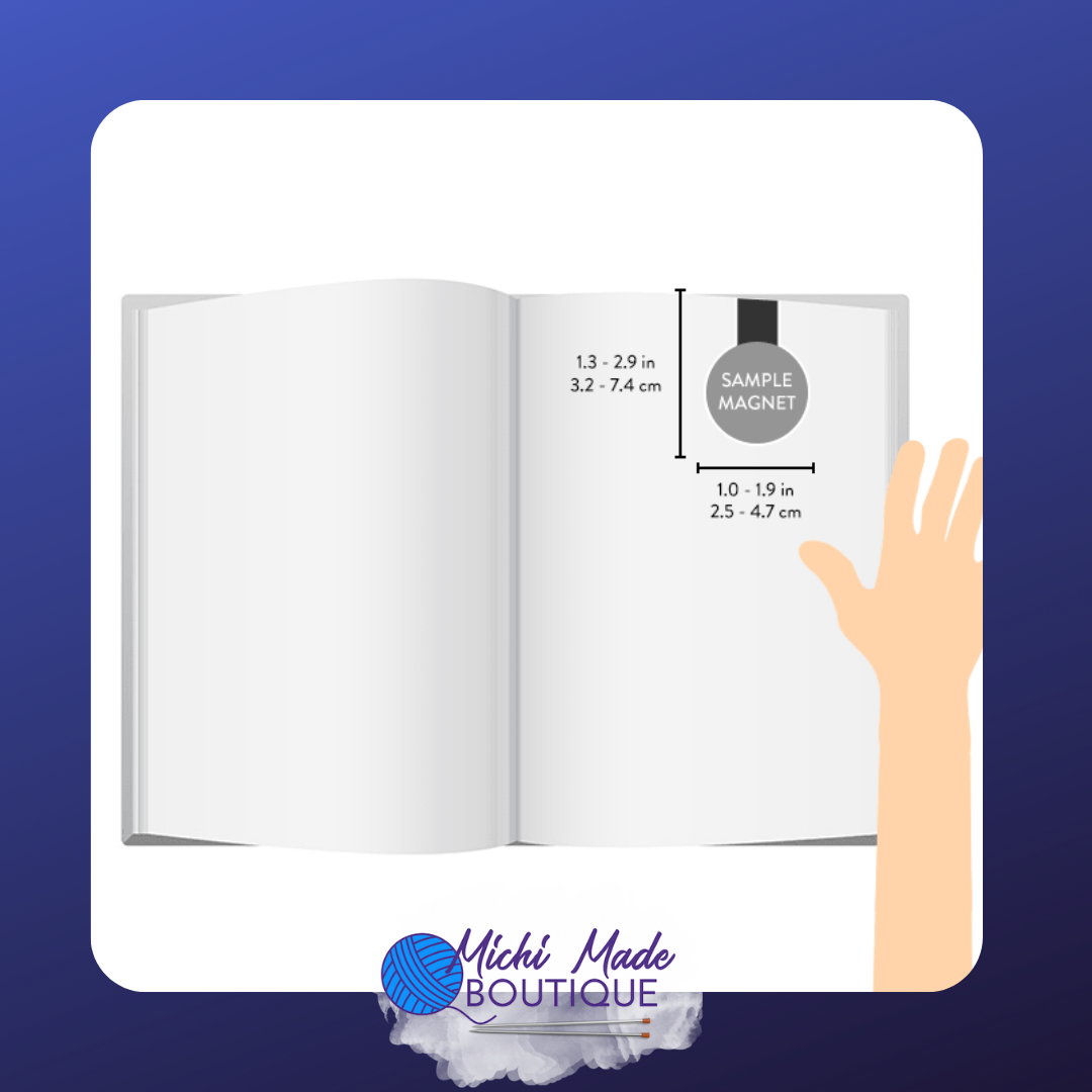 Open book with a hand and a sample round magnetic bookmark showing sizing in inches and centimeters.