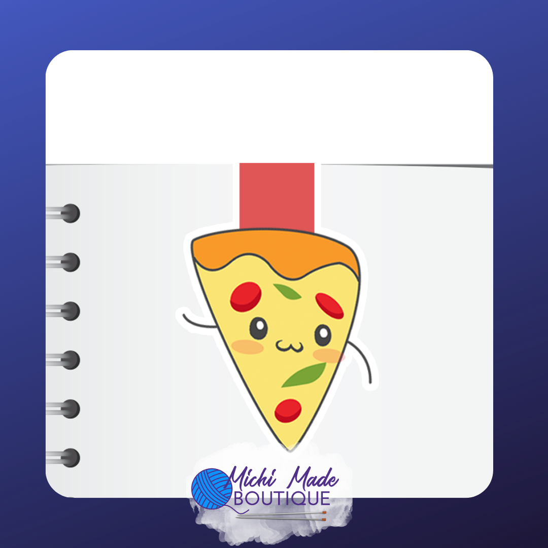 Happy slice of pizza with tomato and basil details, waving with a red strap