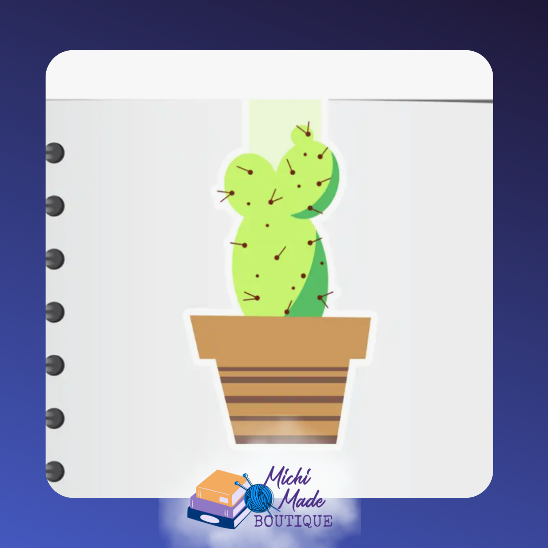 Magnetic bookmark of a cartoon cactus in a brown pot, with red spikes and green segments.