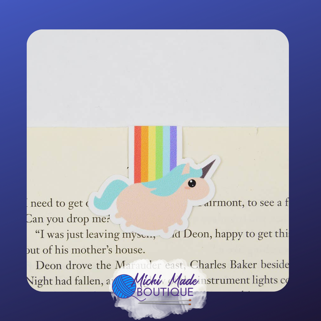 A pastel unicorn with blue mane and rainbow clip flying joyfully over the page.