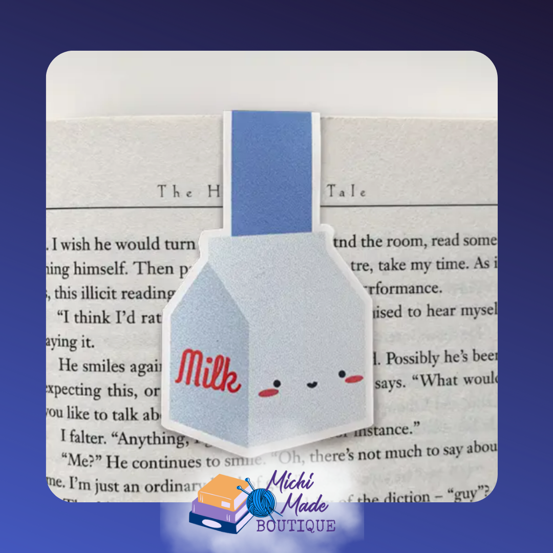 Smiling milk carton magnetic bookmark with pink cheeks and a blue strap.