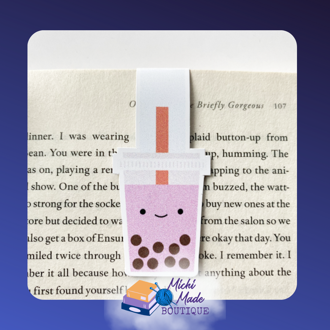 Smiling purple bubble tea magnetic bookmark with tapioca pearls and a pink straw.