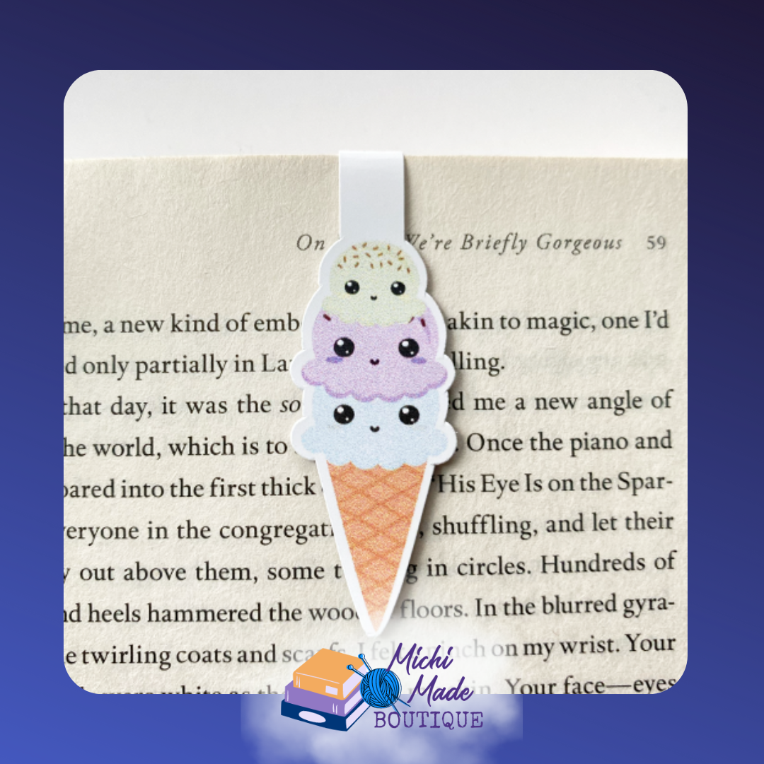 Triple-scoop ice cream cone bookmark with smiling scoops in pastel colors.