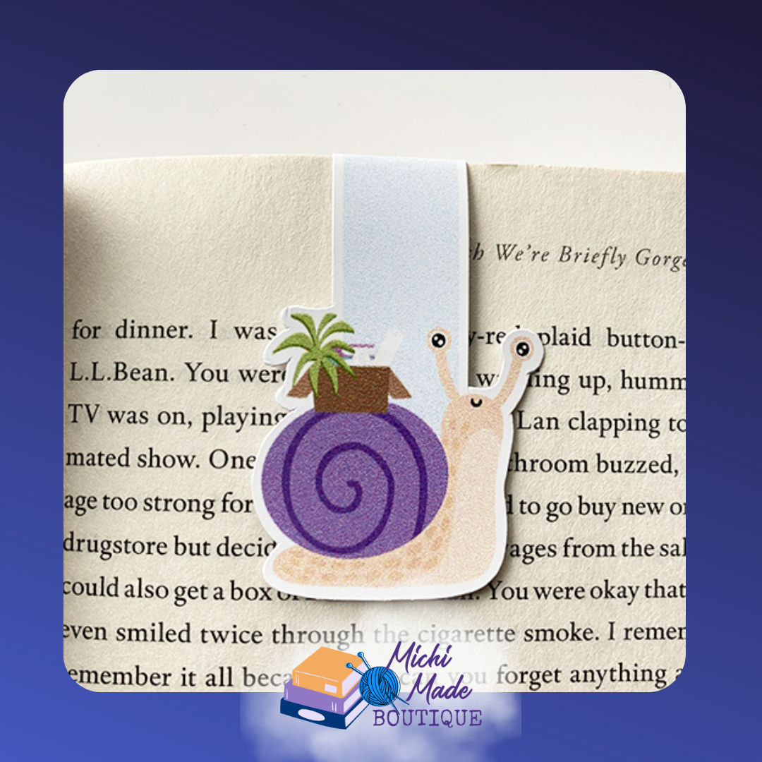 A snail with a spiral shell and a potted plant atop—portable greenhouse meets page-anchoring steambug!