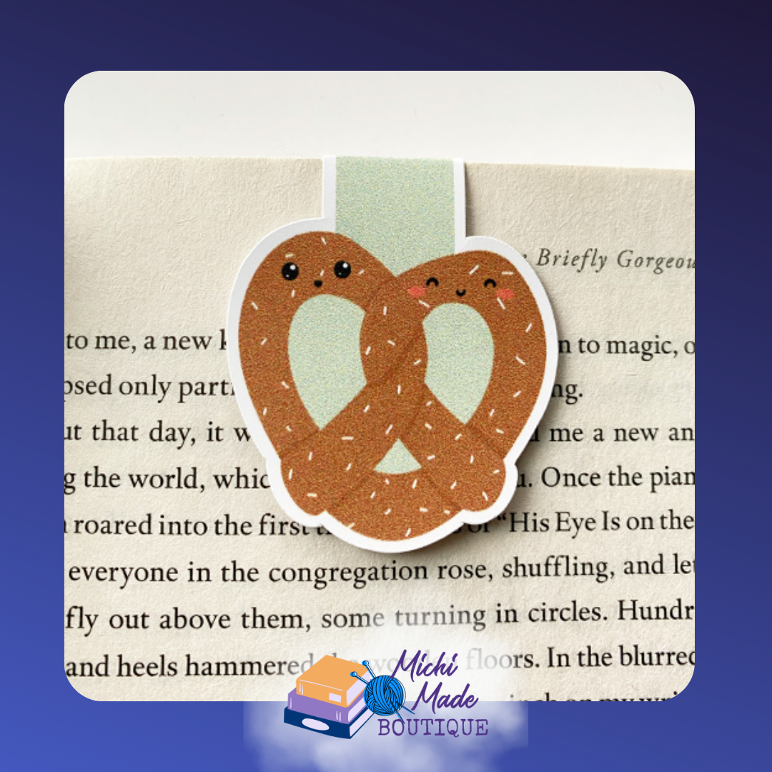 Two grinning pretzels looped in a salty embrace—your book's twisty, tasty time-travel companions!